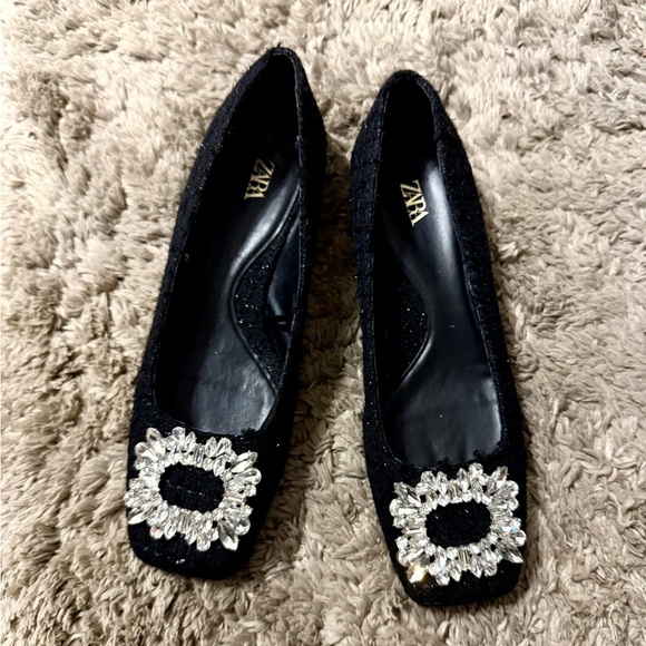 Square toe embellished fabric ballet flats Zara 37 - Picture 1 of 5